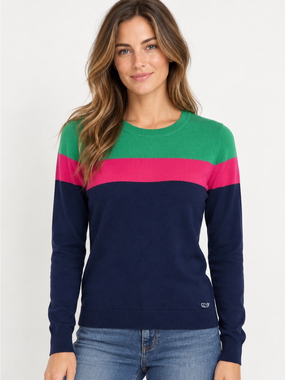 Vineyard Vines Silk Blend Colorblock Crewneck Sweater Green Pink Navy XS